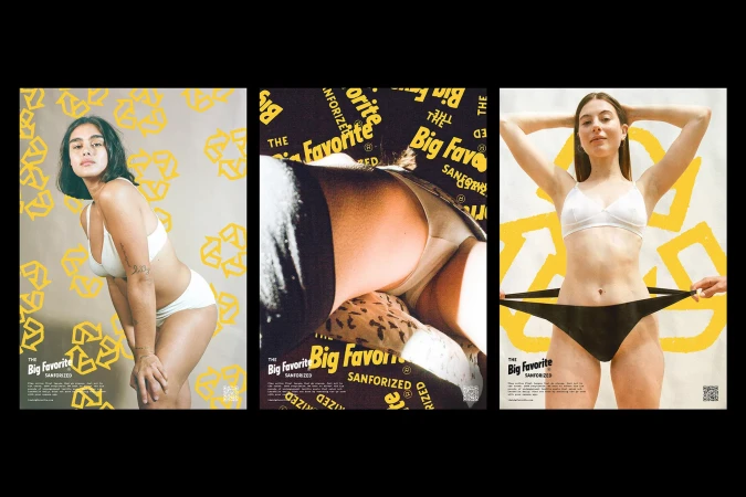 Three panels display a woman in underwear against backdrops with recycling symbols and logos for The Big Favorite Sanforized brand.