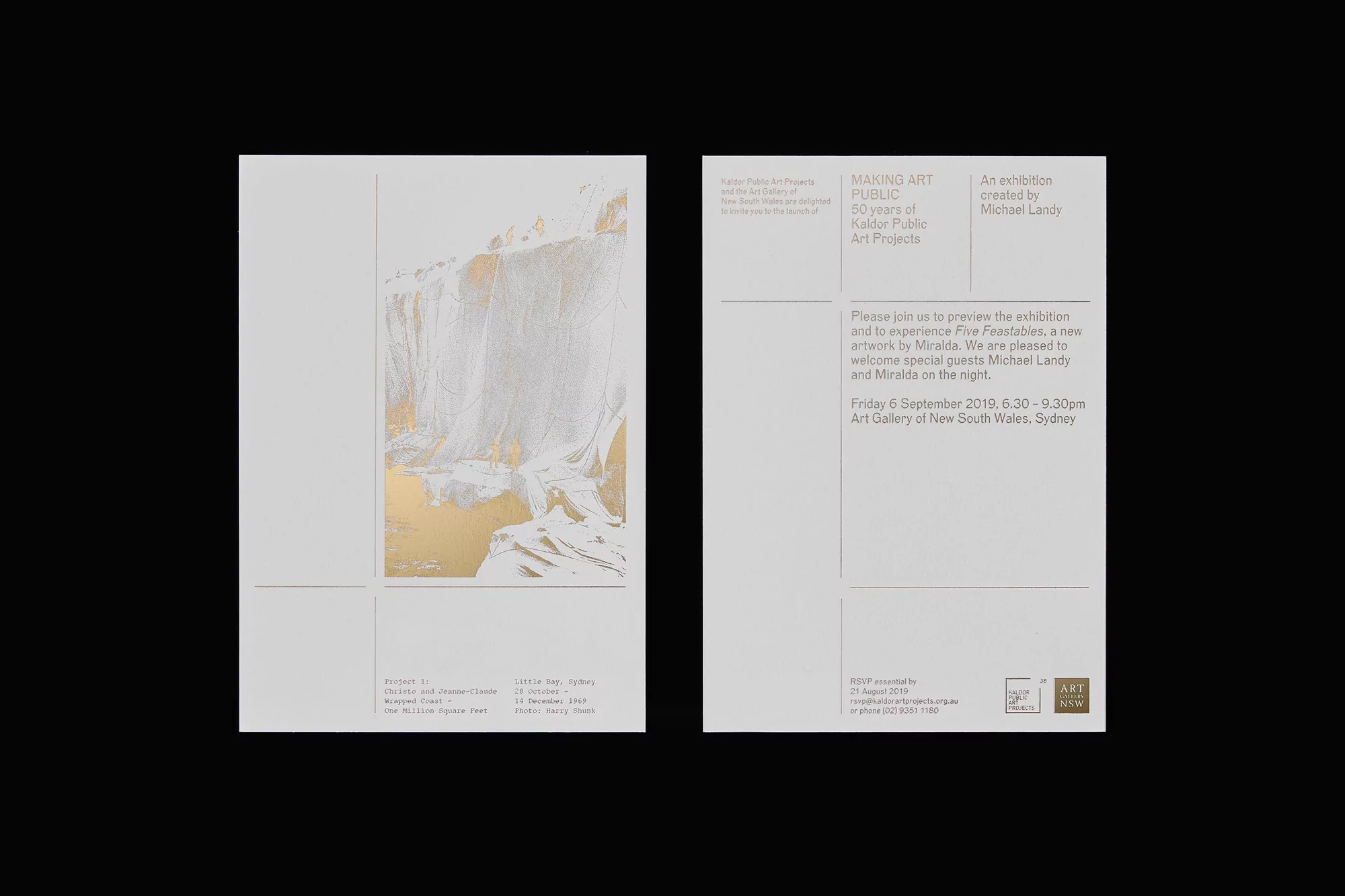 Art exhibition postcard featuring an abstract landscape painting with white and gold tones for Kaldor Public Art Projects' 50th anniversary.