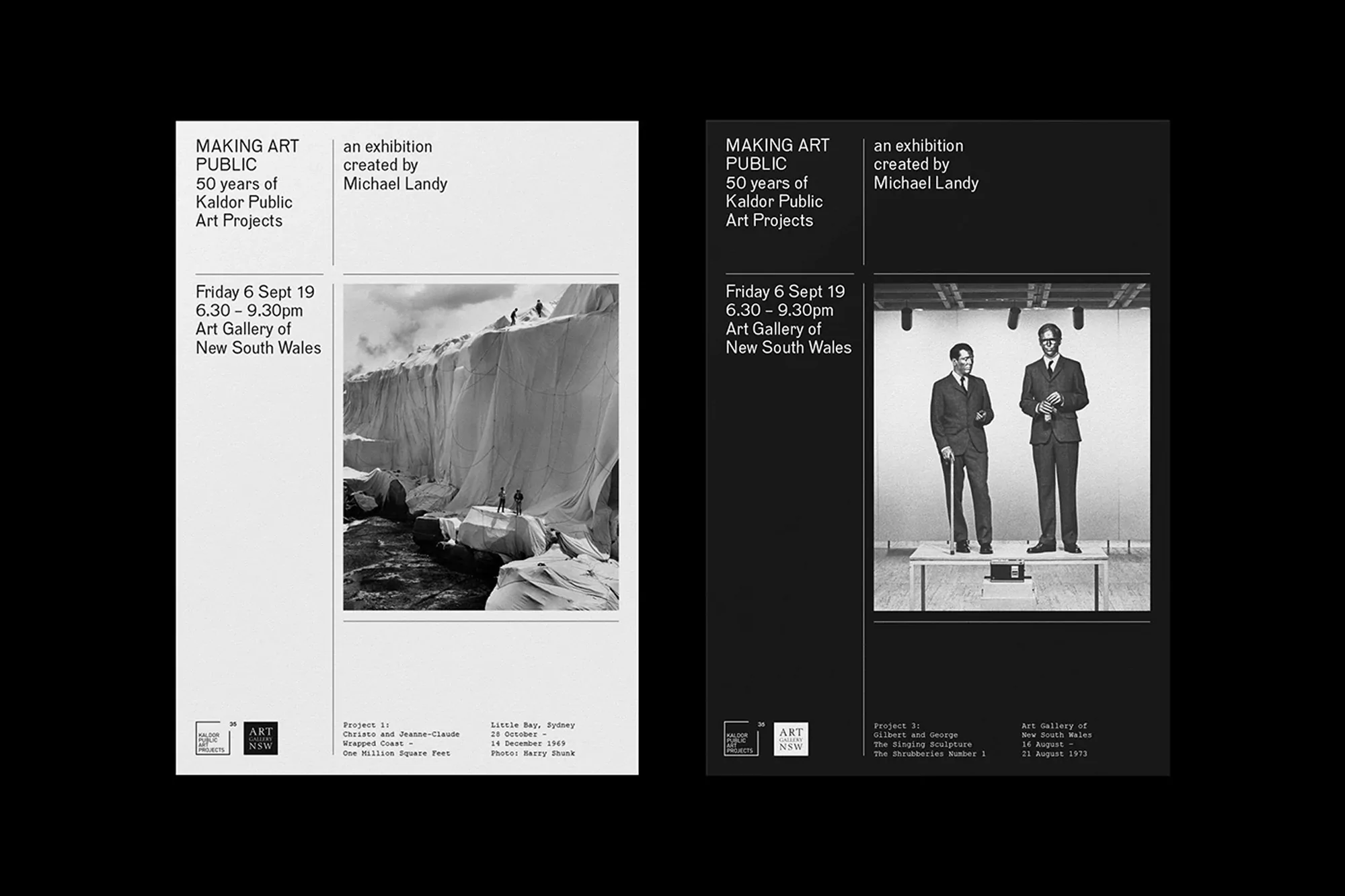 Promotional poster featuring a black and white photograph of two men in suits, juxtaposed with another poster showing an outdoor art installation.