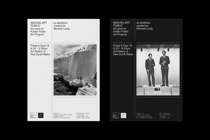 Promotional poster featuring a black and white photograph of two men in suits, juxtaposed with another poster showing an outdoor art installation.