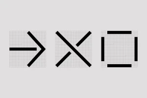 Three black graphic design symbols composed of thick straight lines on square grid backgrounds against a light grey backdrop.