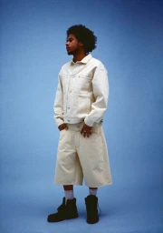 Man wearing cream denim jacket and matching shorts standing against a plain blue studio backdrop