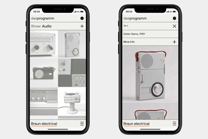 Two iPhones displaying a retro radio design app, showcasing various audio devices in a monochrome palette, with UI elements visible.