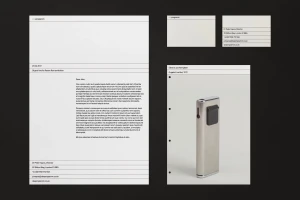Minimalist graphic design layout showing corporate stationery including letterheads, business cards, and product imagery.