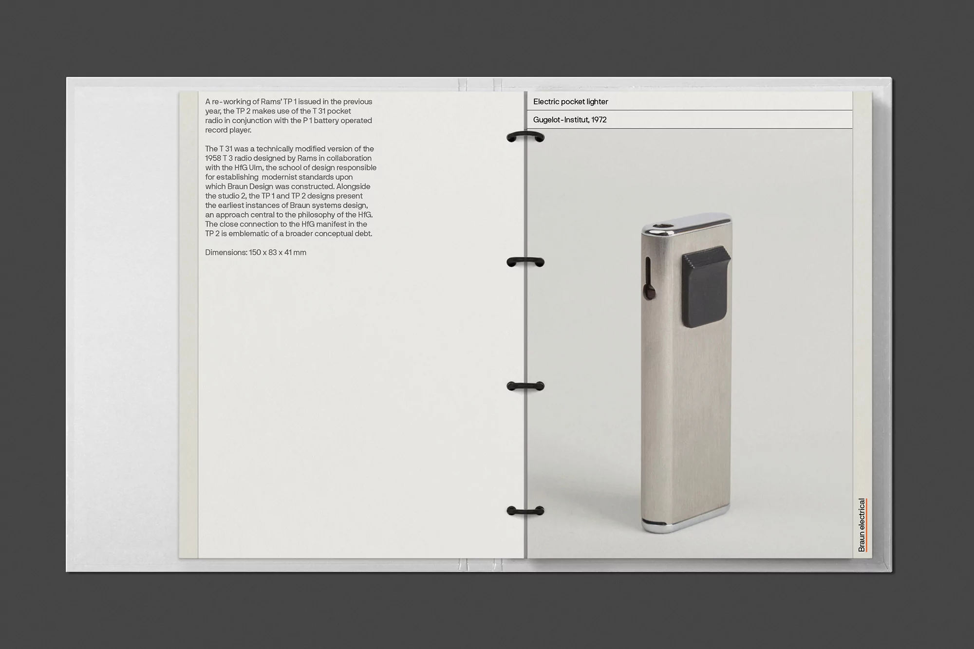 An open ring binder displaying descriptive text on the left page and a metallic electric pocket lighter on the right page.