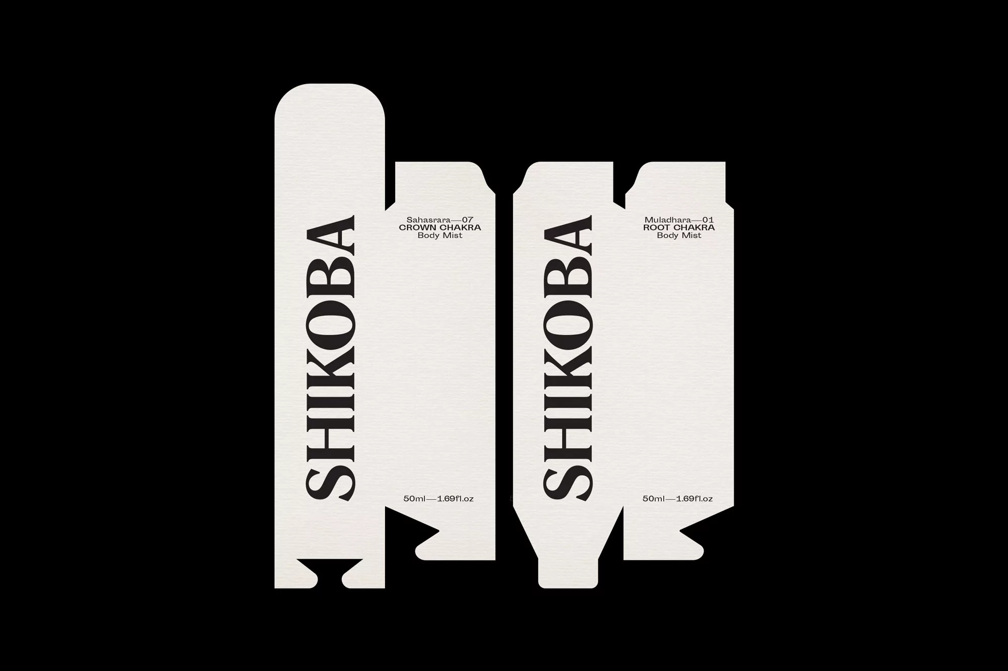 Two Shikoba brand body mist boxes in white and black with text on a black background, showcasing minimalist design.