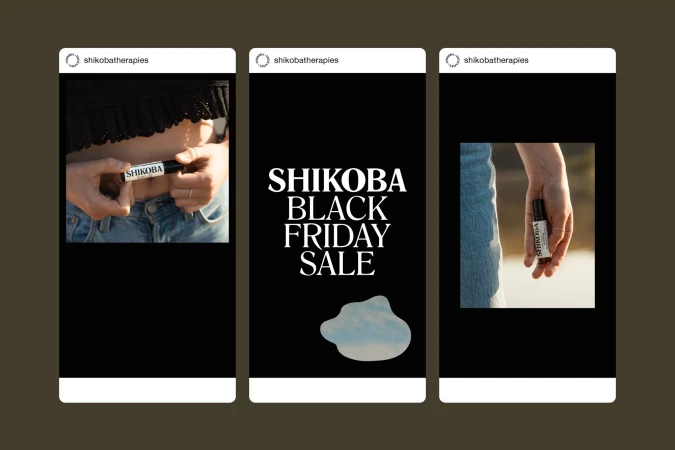 Shikoba Black Friday sale promo featuring skincare oil product held by a woman against a neutral backdrop in a vertical format.