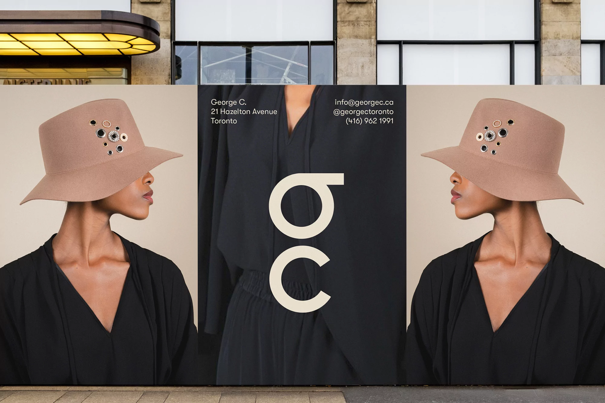Fashion editorial featuring a woman in a brown hat and black dress, showcased in a studio against a backdrop of a building facade.