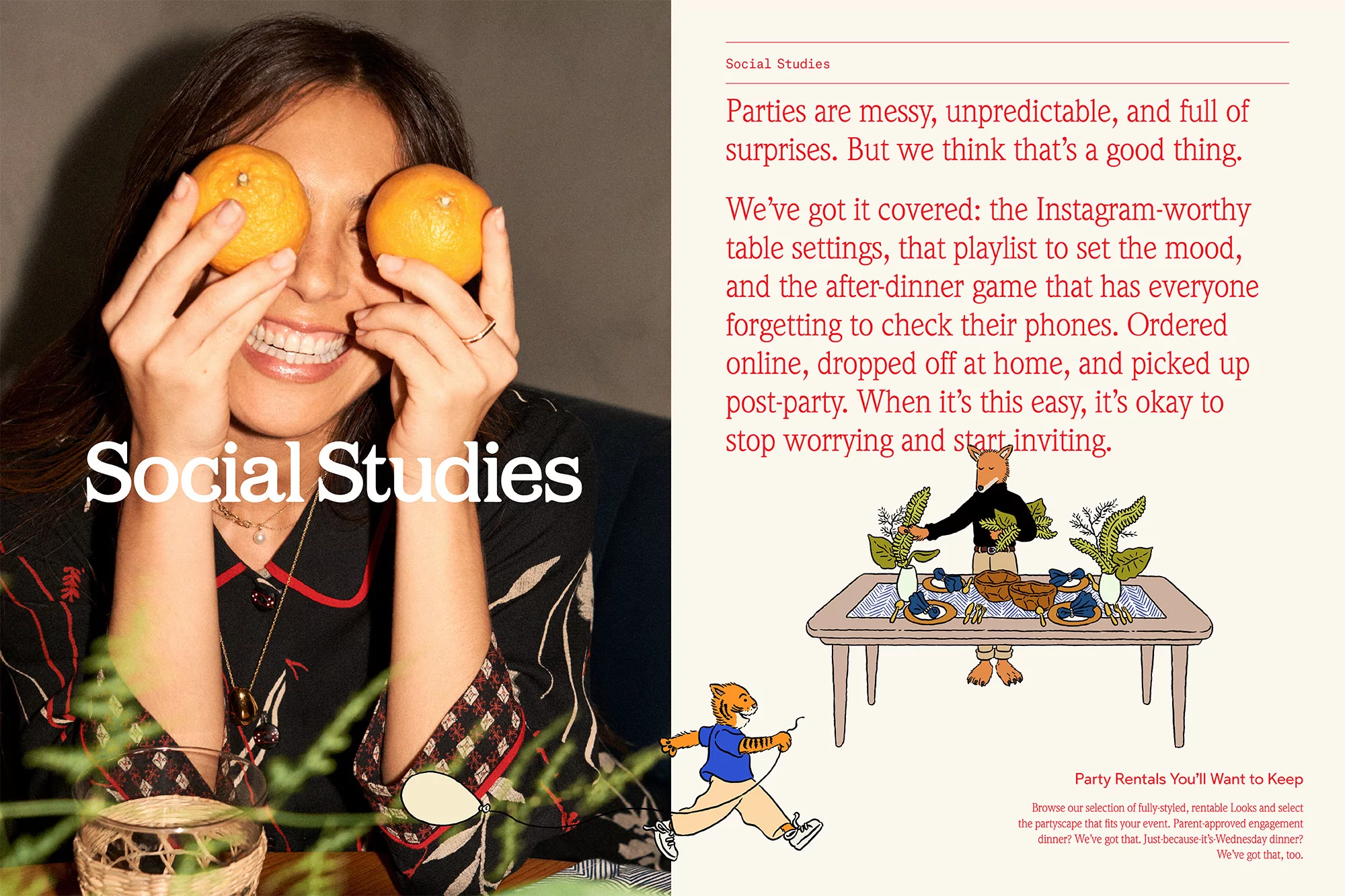Smiling woman playfully covers eyes with oranges in a vibrant magazine spread. Illustration of fox and tiger at a party on right page.