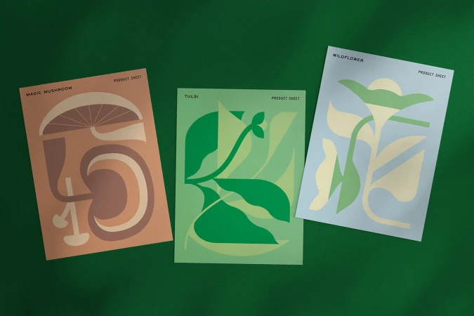 Three product sheets with illustrated designs of magic mushroom, tulsi, and wildflower plants on a dark green backdrop, showcasing botanical artwork.
