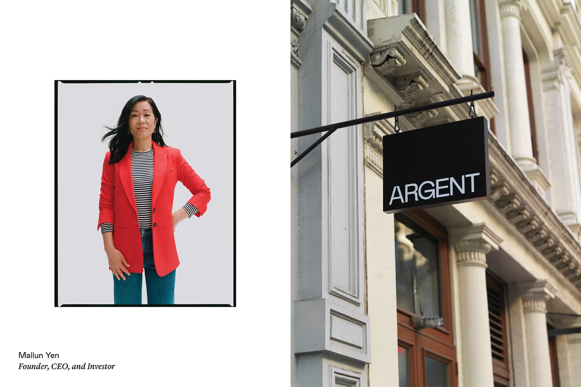 Professional portrait of an Asian woman wearing a red blazer, posing indoors, contrasted with an architectural building facade.