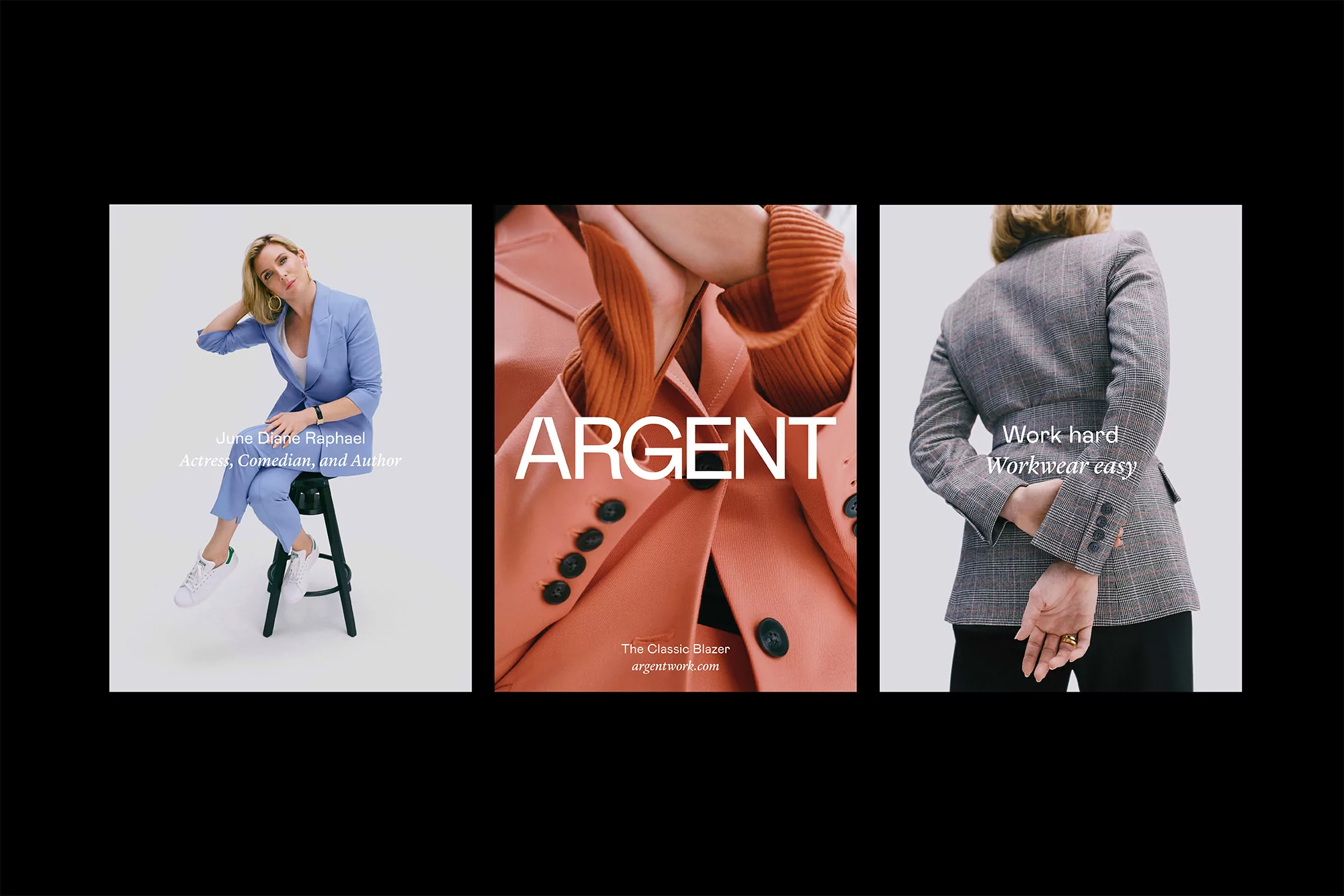 Three panels featuring Argent brand blazers, including one with a woman in a blue suit sitting on a stool in a photo studio.