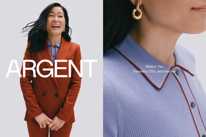Portrait of a smiling Asian woman in a suit. Close-up of a woman's neck wearing a collared shirt and earrings, next to 'Argent' text.