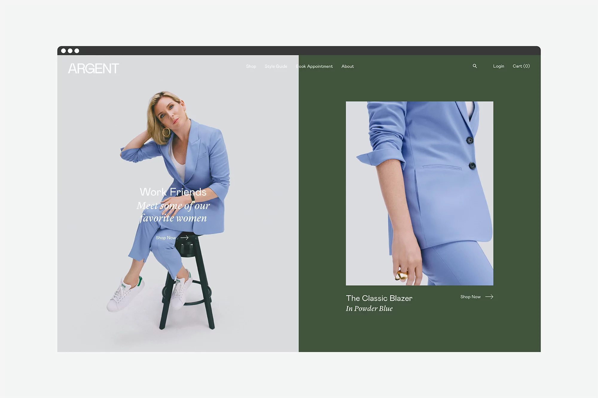 Woman in a light blue blazer and pants sits on a stool on a website for Argent, a brand selling a classic blazer in powder blue.