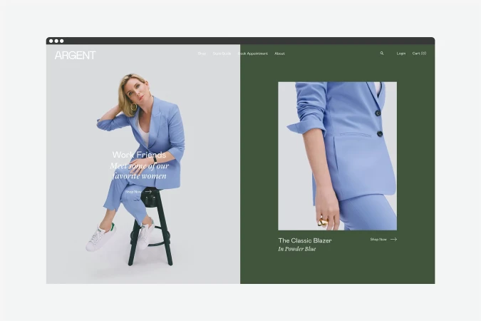 Woman in a light blue blazer and pants sits on a stool on a website for Argent, a brand selling a classic blazer in powder blue.