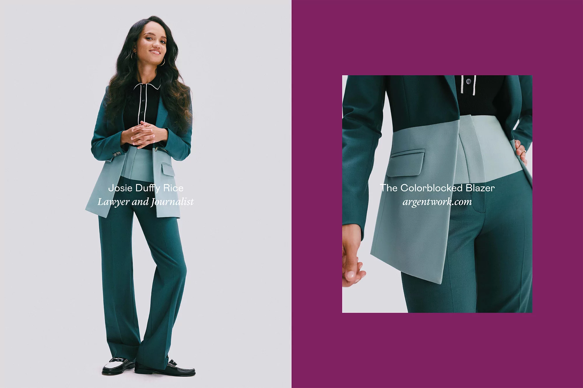 A woman in a colour-blocked teal suit stands against a light grey background, showcasing fashion with a contemporary and professional aesthetic.