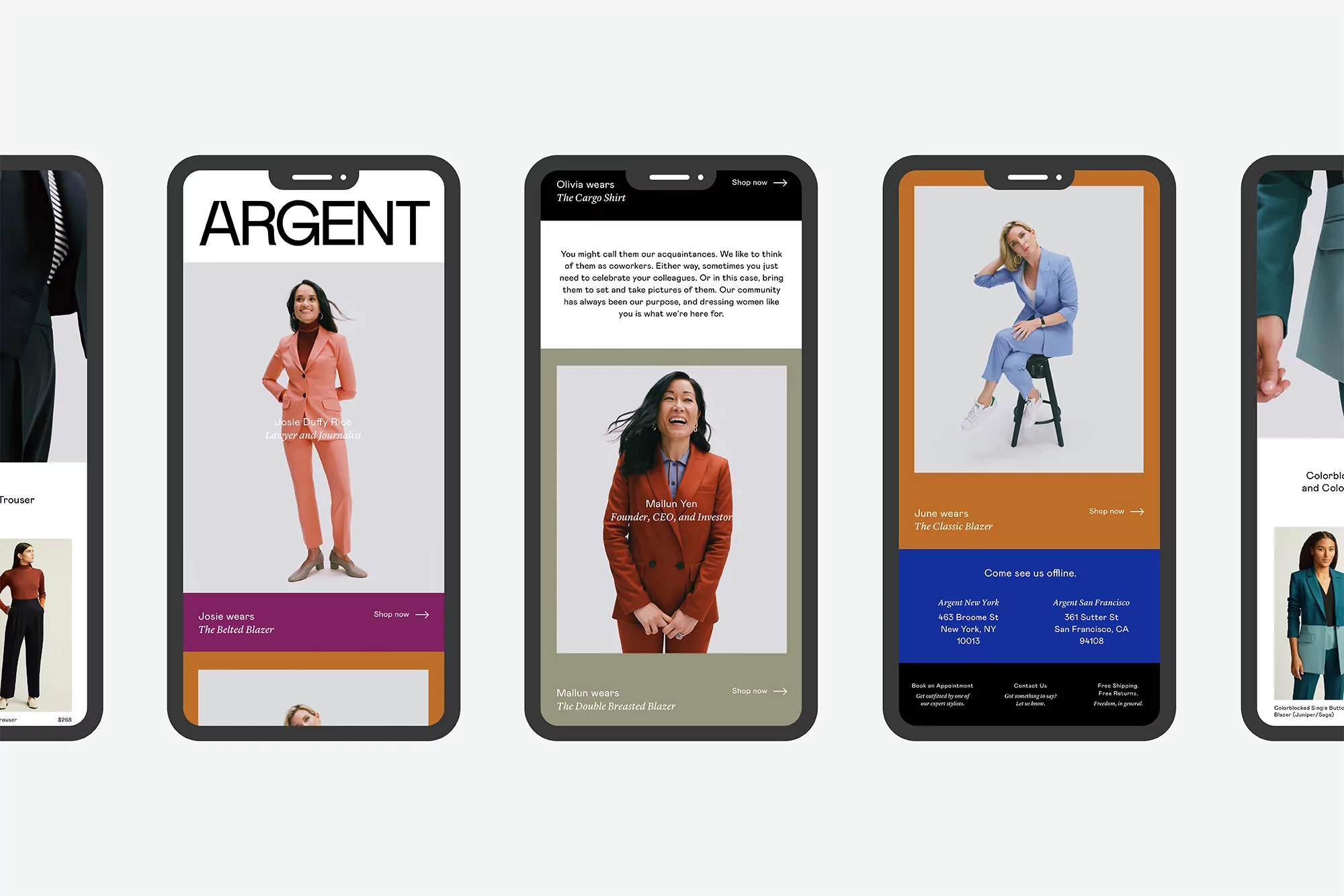 Multiple phone screens displaying Argent clothing brand's website featuring diverse models in suits. Online fashion retail concept.