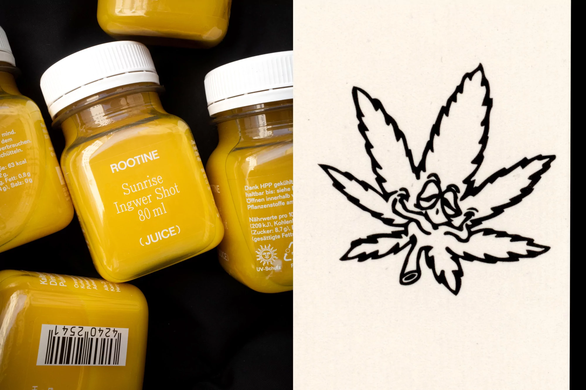 Bright yellow Rootine Sunrise ginger shots in small bottles on a black surface, paired with a cartoon cannabis leaf illustration.