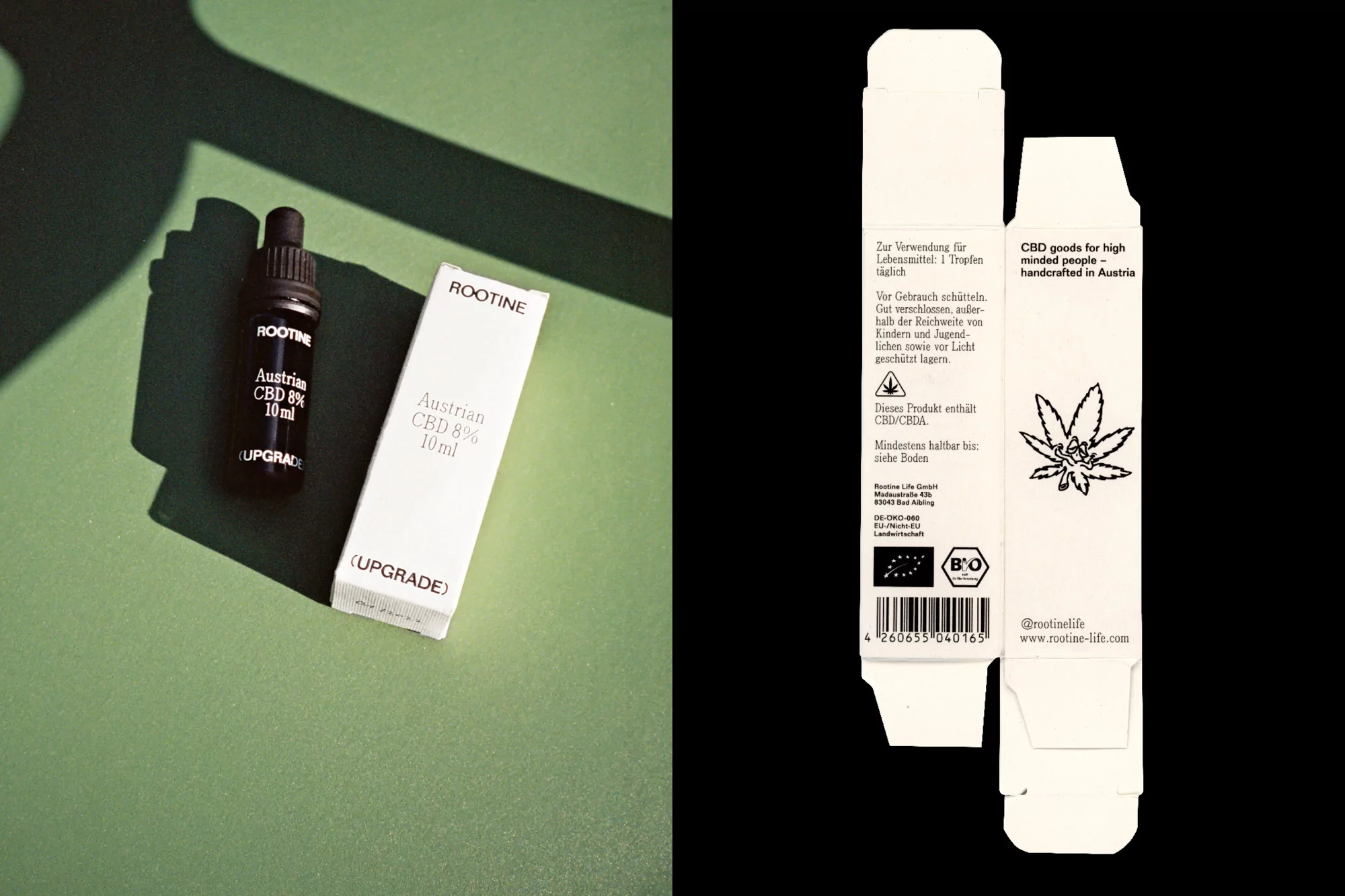 Rootine Austrian CBD oil bottle and product box on green backdrop with shadows, product photography. CBD goods for high-minded people.