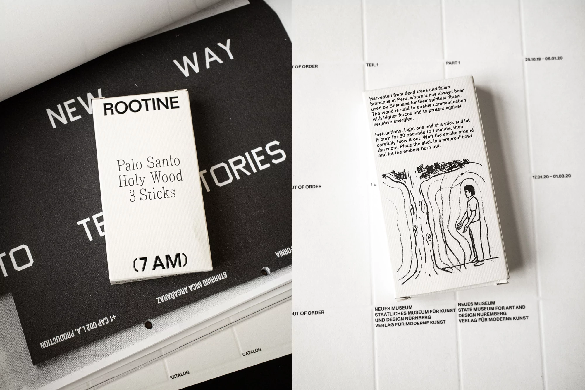 A package of Palo Santo Holy Wood incense sticks by Rootine sits on a black and white catalog page with text. Product photography.