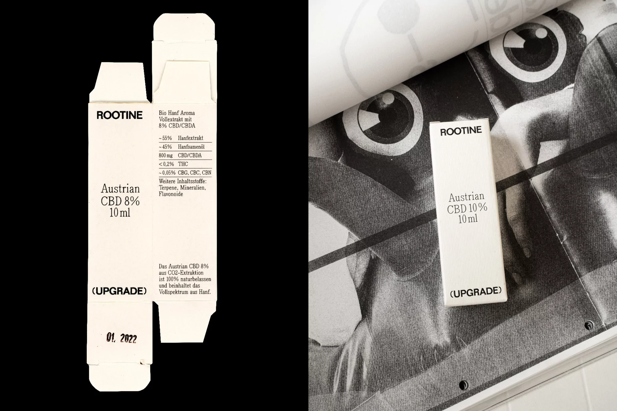 Two Rootine CBD boxes featuring product details and brand messaging, one closed standing up, one open laying flat, studio shot.