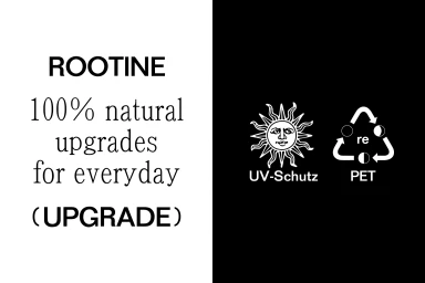 Minimalist graphic design brand identity for Rootine with split black and white layout, serif typography, sun illustration, and recycle icon.