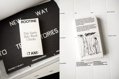 Product packaging for ROOTINE Palo Santo Holy Wood sticks resting on printed graphic design paper sheets.