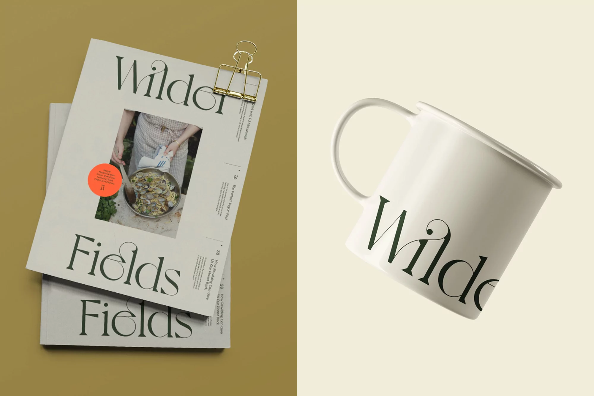 Magazine cover featuring a cooking photo next to a white mug with a matching logo on a two-tone yellow background.