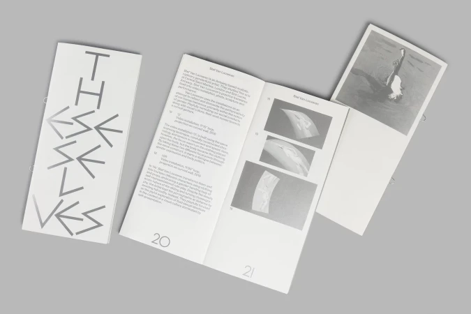 Open pamphlet and printed photographic cards laid flat on a neutral grey background showcasing brand design