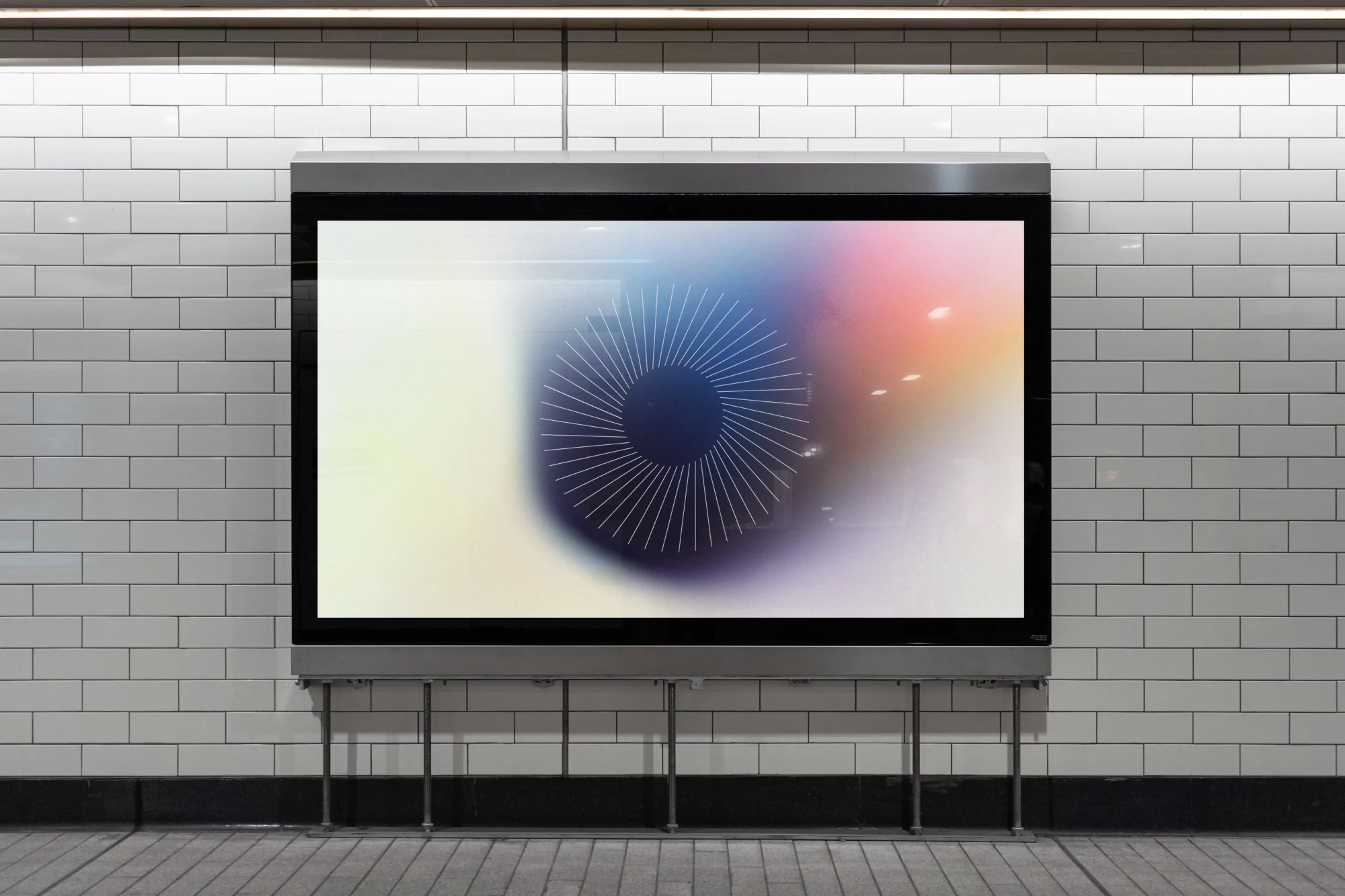 Abstract, blurry multicolor graphic with black circular line design on a large advertising billboard in a subway station with white tiles.