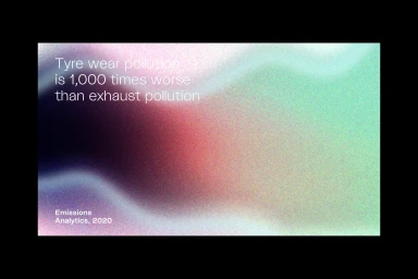 Gradient noise texture graphic with white typographic text about tyre wear pollution by Emissions Analytics