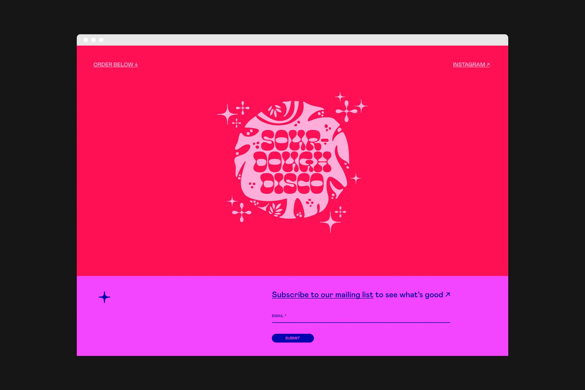 Website interface featuring 'Sour Dough Disco' logo on a bright pink background with a lavender section for email sign-up.
