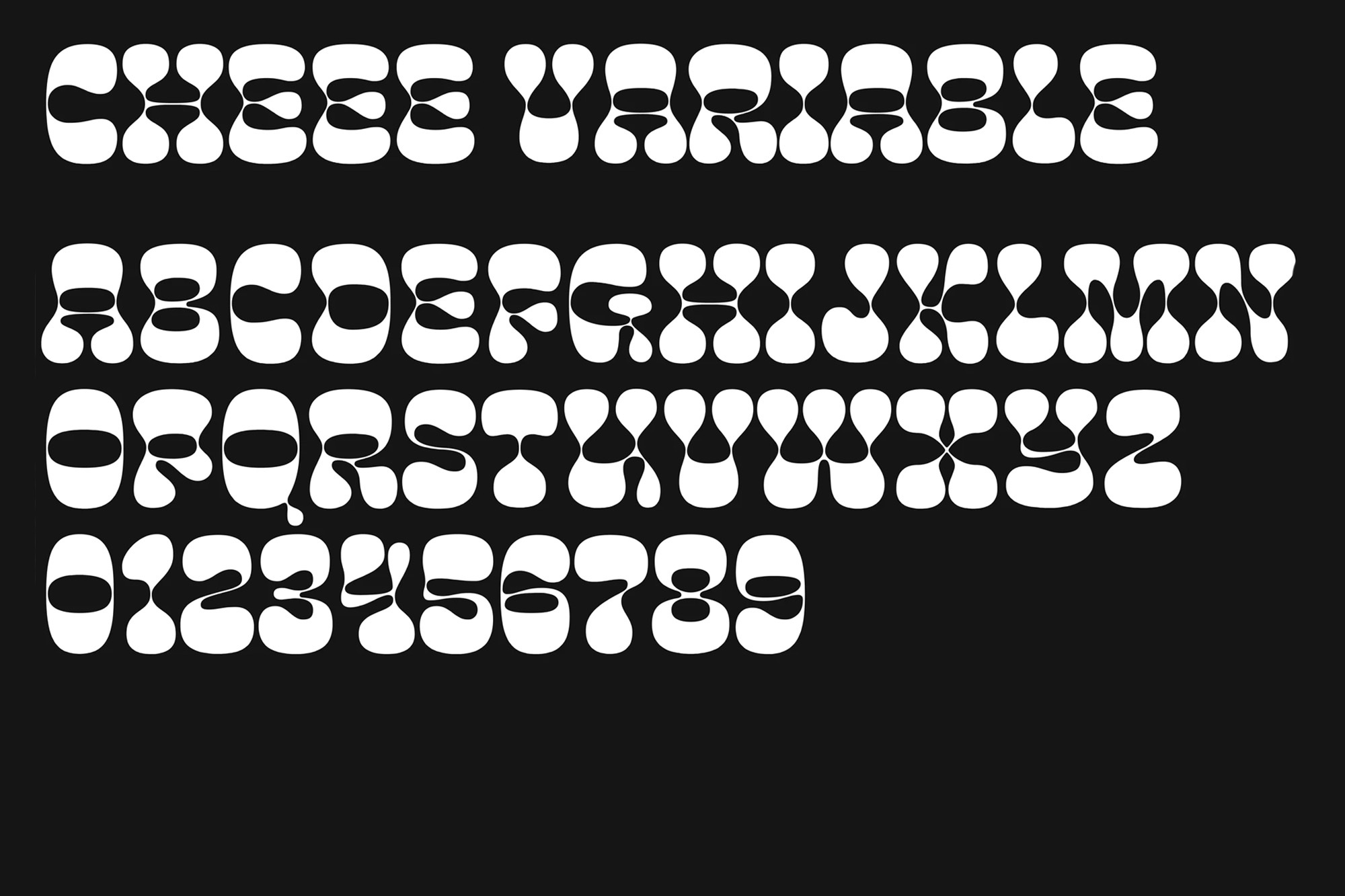 Retro-style display typeface showing full alphabet and number set in rounded, bulbous sans-serif font against a black background.