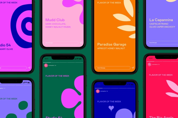 Arrangement of smartphone screens displaying colorful graphic designs and flavor-of-the-week messages on a dark green background.