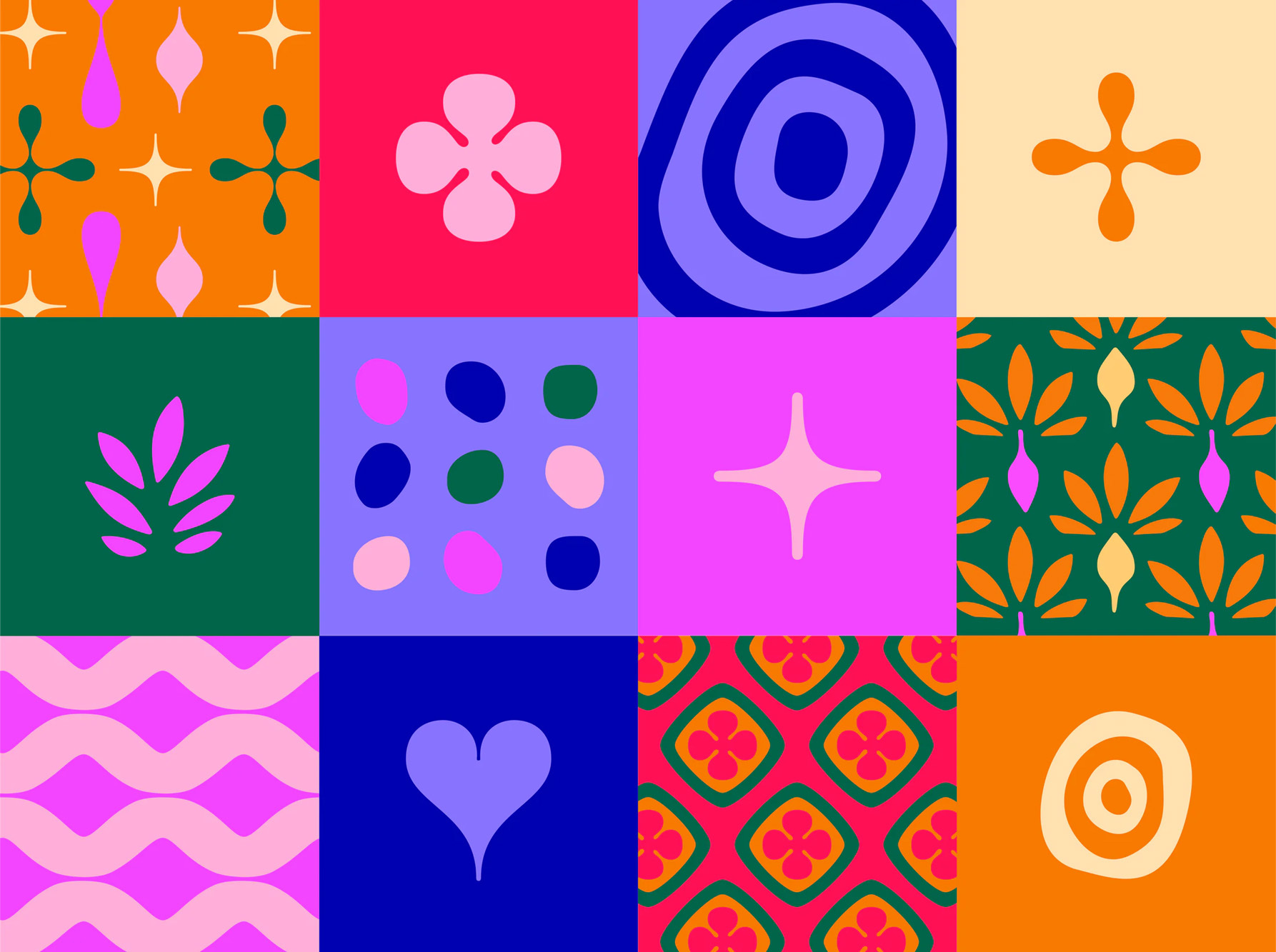 Colorful geometric pattern with vibrant orange, pink, blue, green, and yellow in a playful retro style, suitable for background.