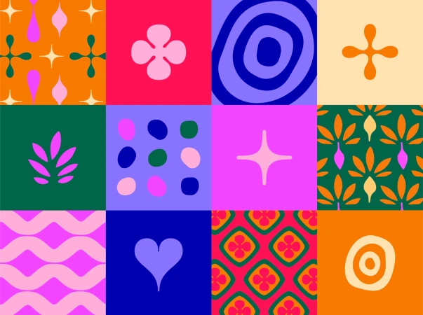 Colorful geometric pattern with vibrant orange, pink, blue, green, and yellow in a playful retro style, suitable for background.