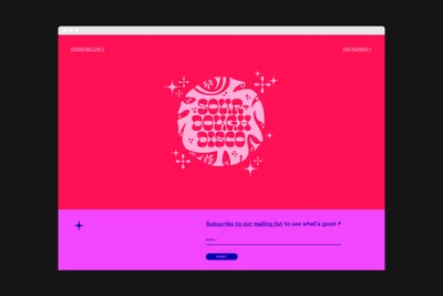 Web browser mockup featuring Sourdough Disco branding with bold pink typography and retro graphics on a magenta background.