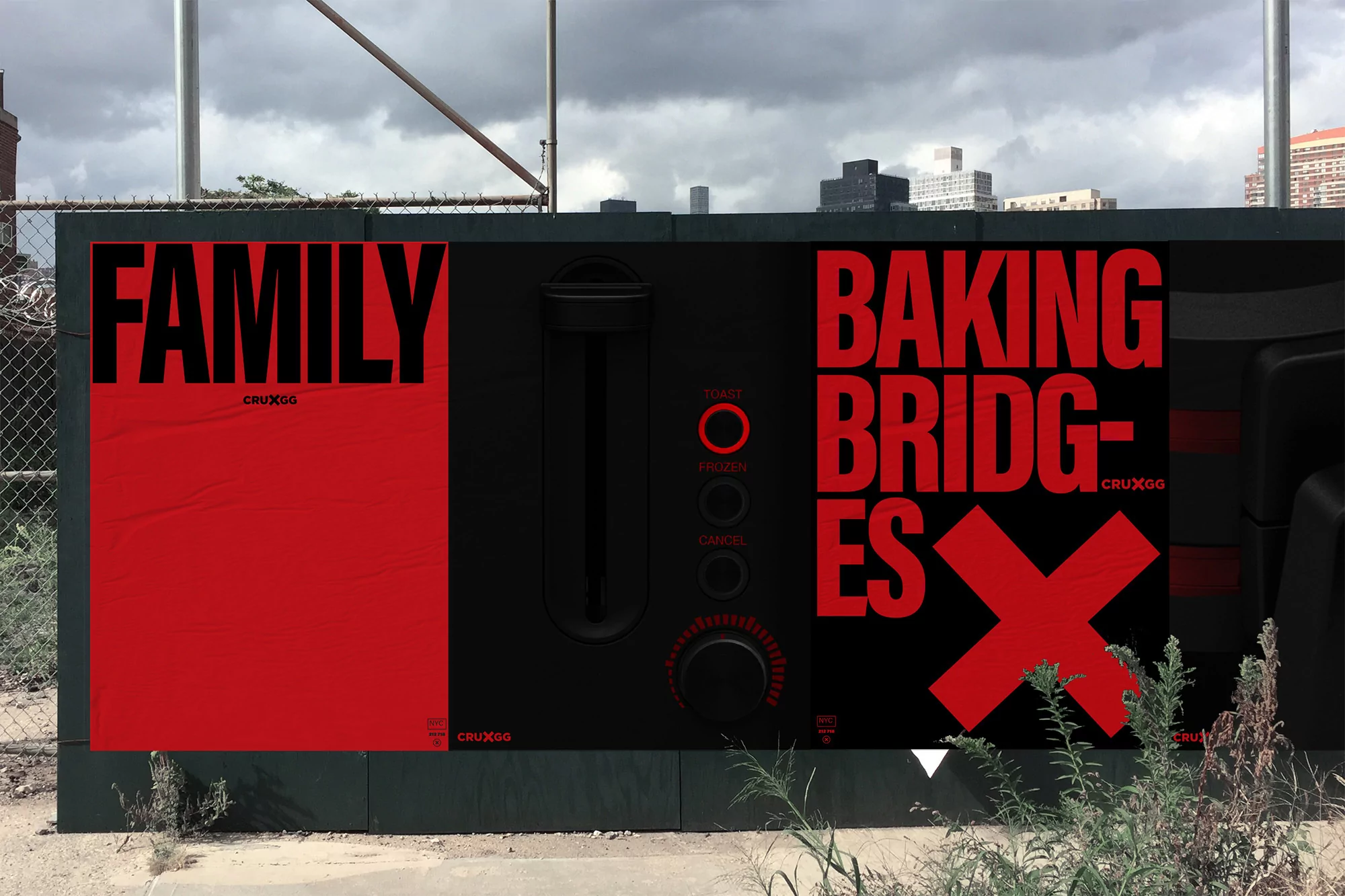 A black and red outdoor advertising display showcasing a graphic with the words 'Family', 'Baking', and 'Bridges' set against a cloudy sky.