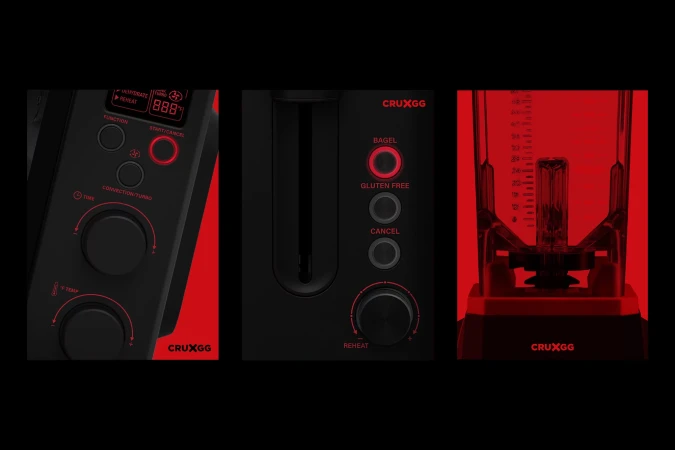 Three Cruxgg kitchen appliances, including an oven, toaster, and blender, are displayed against a black background with red accents.
