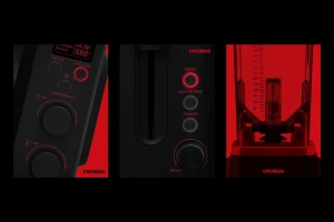 Close-up product photography of black kitchen appliances by CRUXGG against a stark red background.