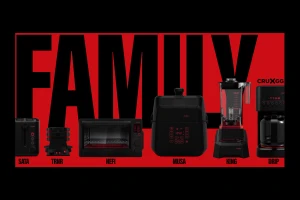 CRUXGG kitchen appliances lined up against a vibrant red background with bold black typography reading FAMILY