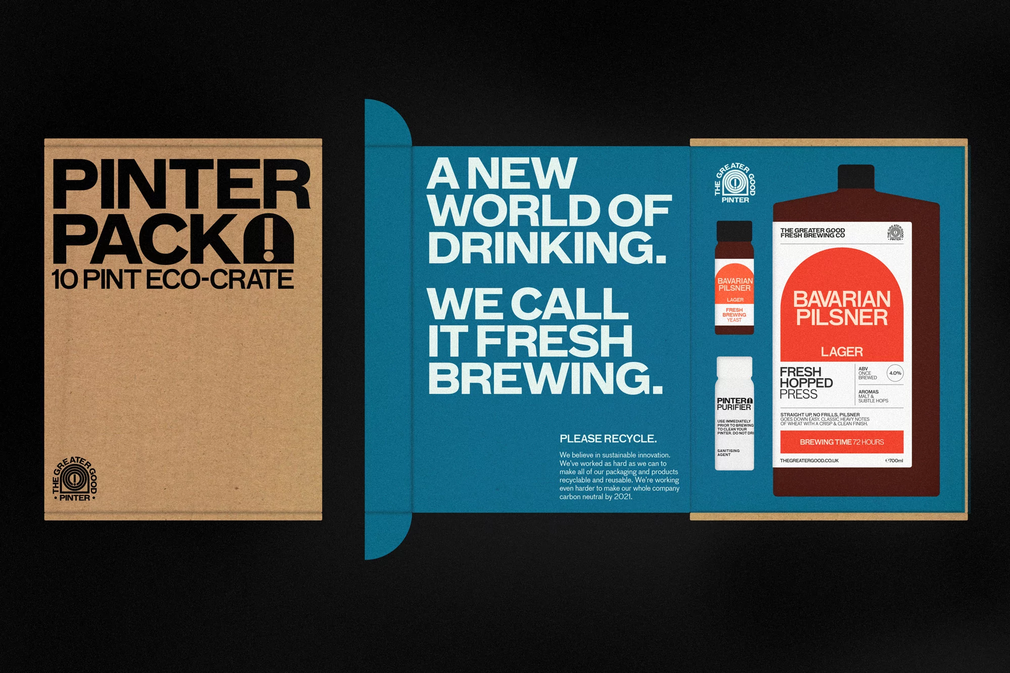 Pinter Pack 10-pint eco-crate and Bavarian Pilsner brewing kit shown in studio product shot, clean design, turquoise and brown.