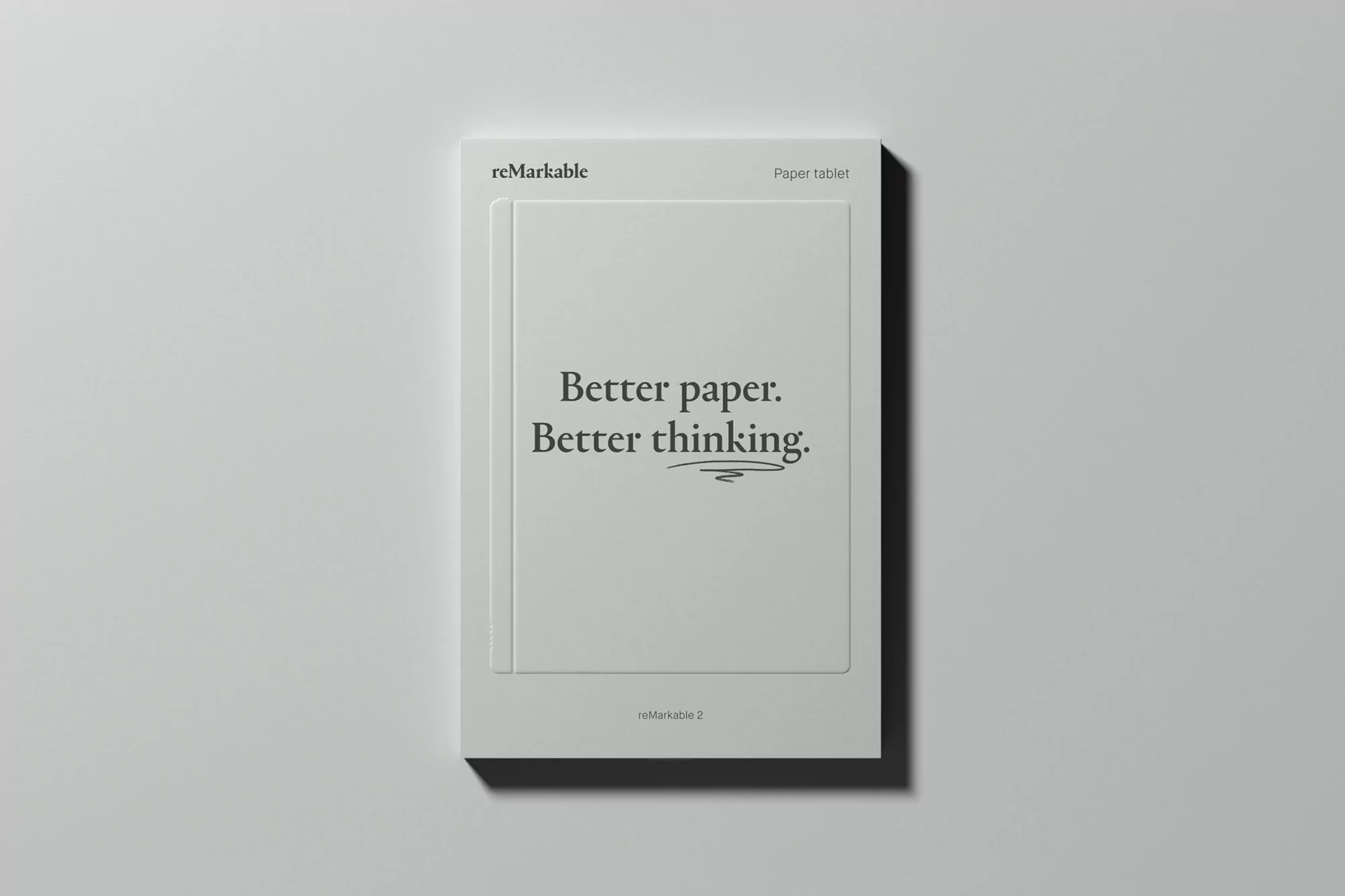 Remarkable 2 paper tablet box on a white surface with the text 'Better paper. Better thinking.' displayed in black font.