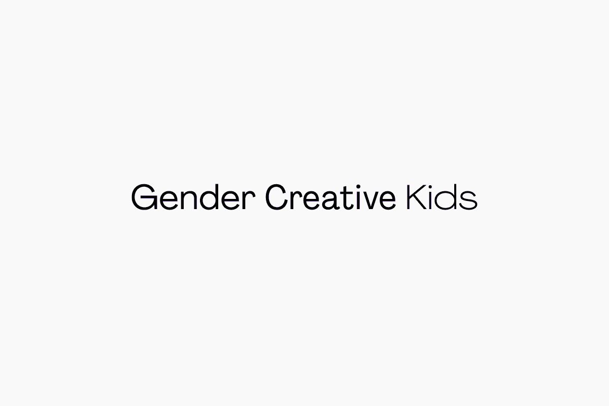 Text graphic on a white background reads 'Gender Creative Kids' in simple, sans-serif font, minimalist design, and straightforward messaging.