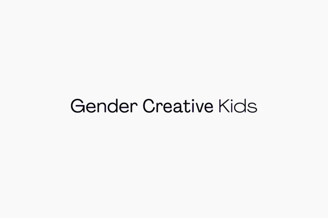 Text graphic on a white background reads 'Gender Creative Kids' in simple, sans-serif font, minimalist design, and straightforward messaging.