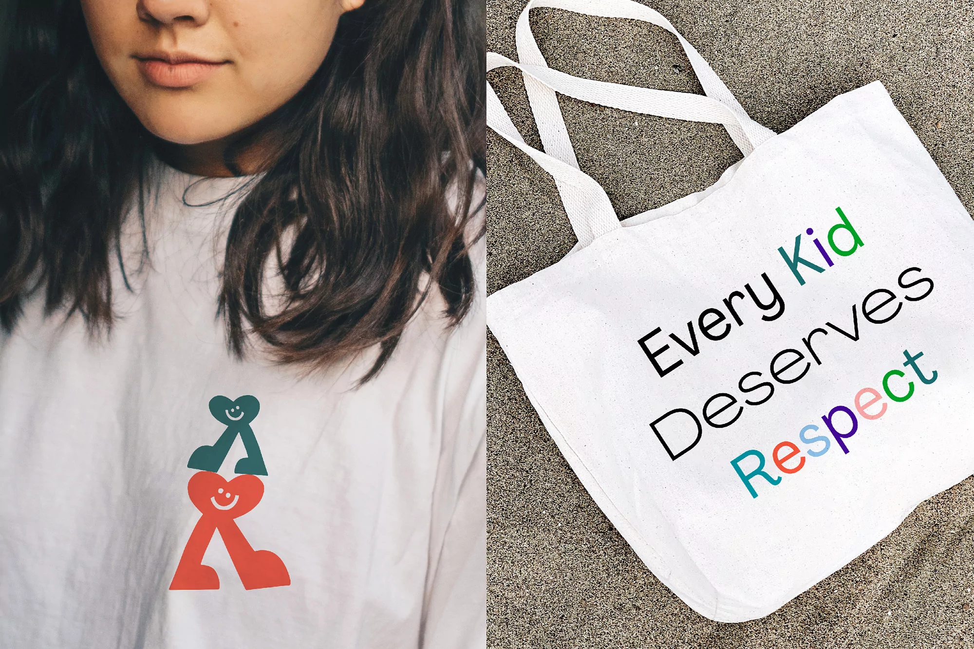 Brunette woman in white tee with graphic next to a white tote bag with an equality message on a sandy surface, outdoor.