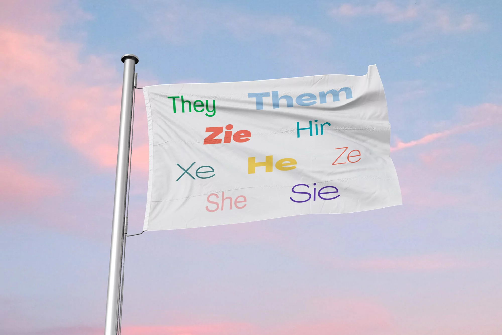 Flag with colorful pronouns 'They, Them, Zie, Hir, Xe, He, Ze, She, Sie' waving against a soft pastel sky with pink and blue hues.