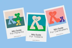Three white mini guide booklets with colourful heart-character illustrations against a light blue background.