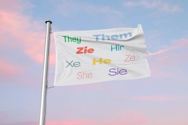 White flag displaying various pronouns in colorful typography mounted on a metal pole against a pink and blue sunset sky