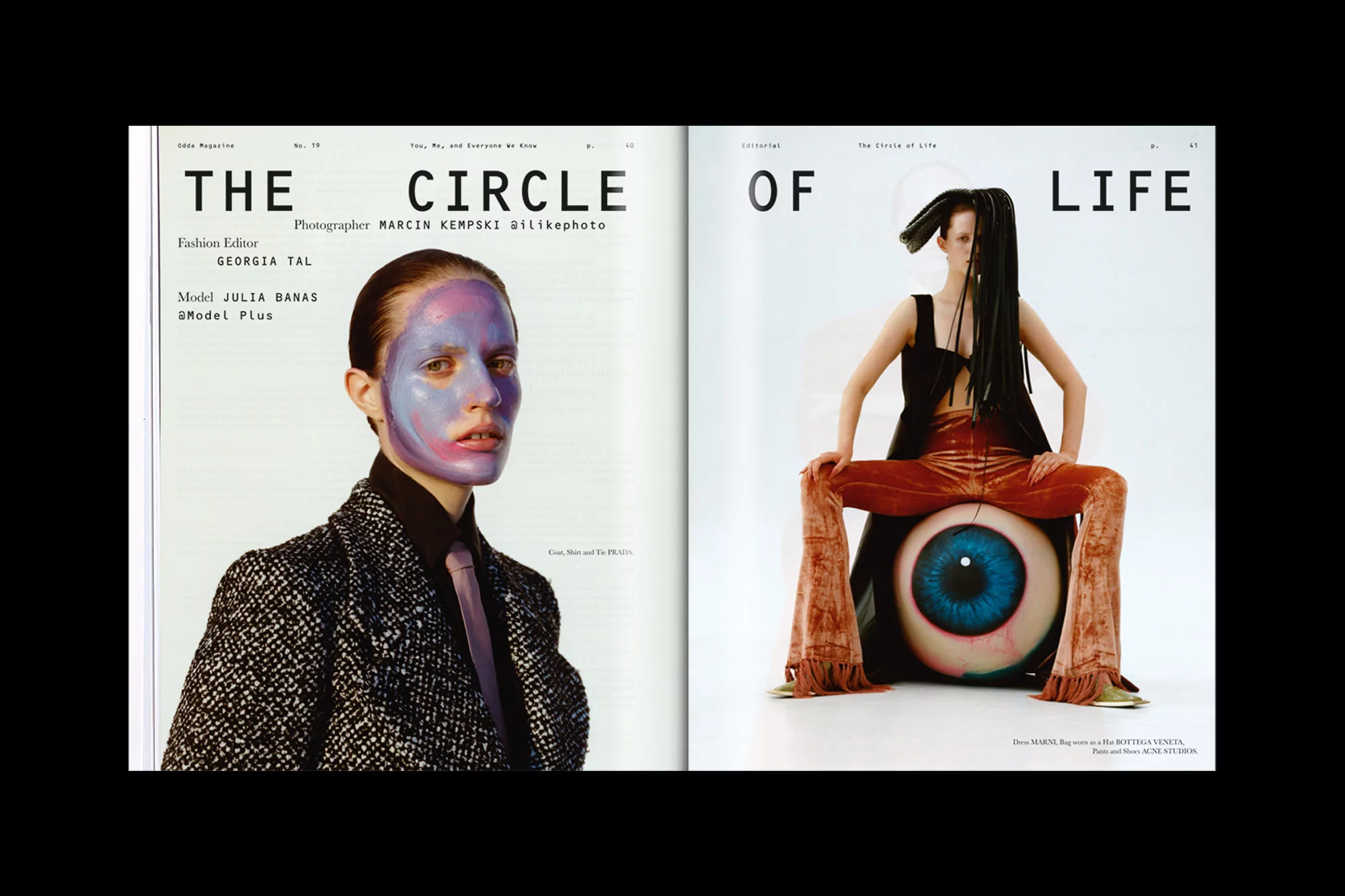 Fashion editorial magazine cover and page featuring models in artistic makeup and stylish clothing, shot in a photo studio against white background.